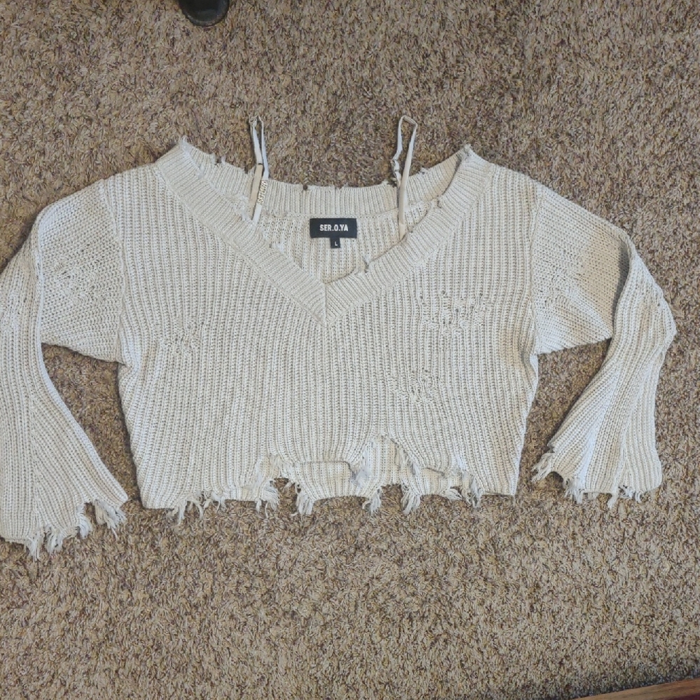 SER.O.YA Cropped Distressed Light Grey Sweater